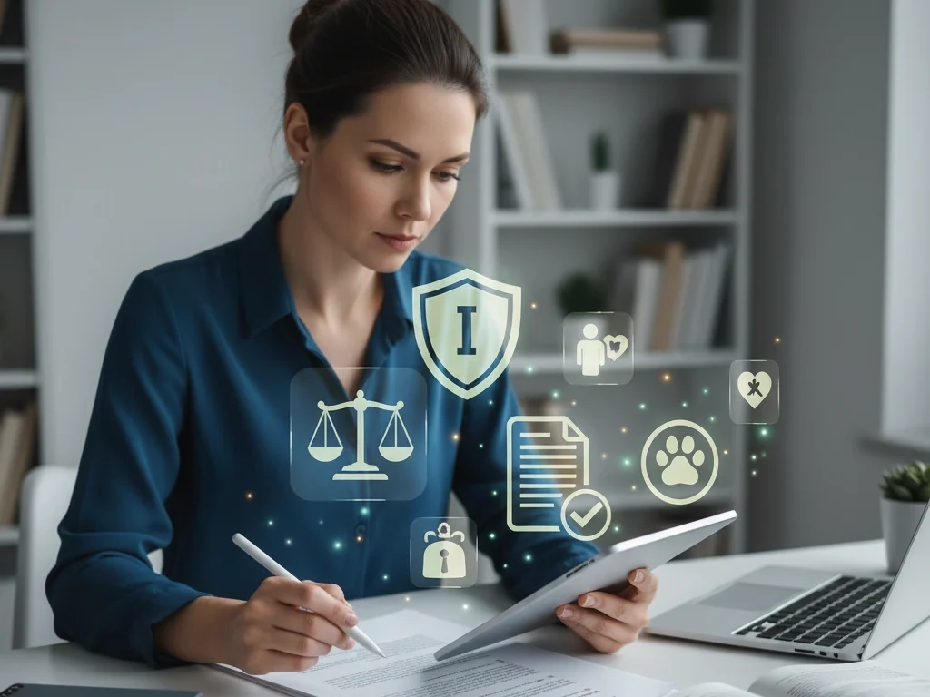 An academic researcher reviewing a manuscript with symbols of ethical standards around them: a shield for integrity, a scale for fairness, a checkmark for plagiarism-free content, and icons representing ethical treatment of humans and animals.