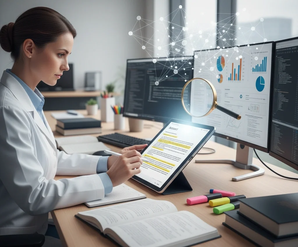 A professional research setting emphasizing transparency in writing a research article: a researcher carefully drafting a paper at a desk with clear, legible notes, digital screens showing structured sections like abstract, methodology, and results.